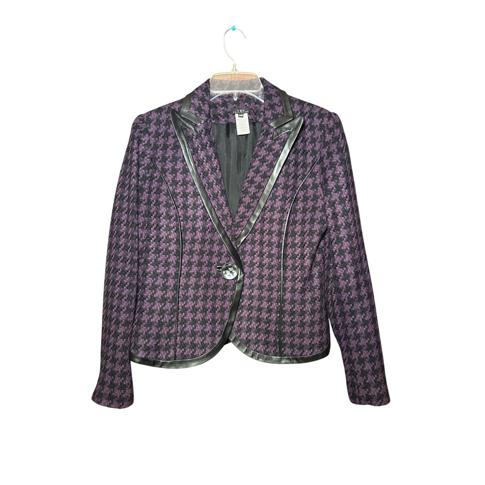 Vex Collection Purple Black Houndstooth Blazer Faux Leather Trim Size 38 Preppy